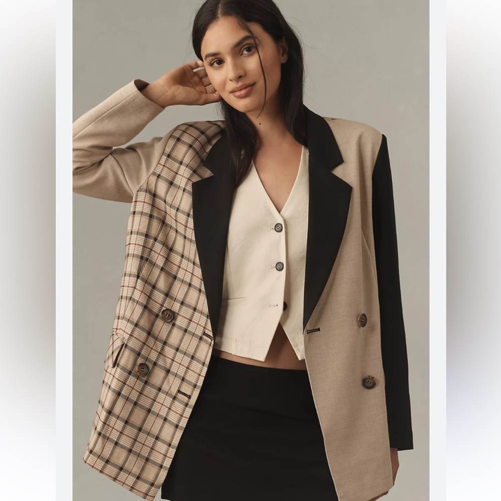 Maeve (Anthropologie) Beige and Black Plaid Blazer - fits oversized